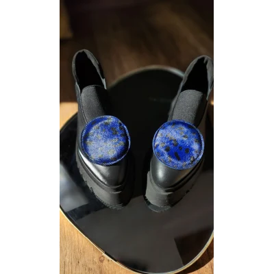 Circle Flats In Black & Blue Leather